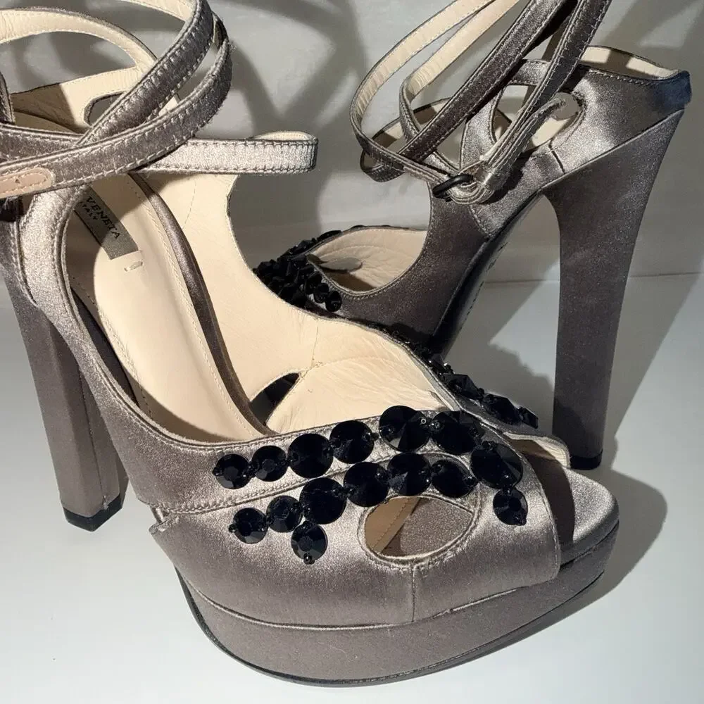 Bottega Veneta Grey Satin Embellished Bead Ankle Strap Platform Heels Sandal